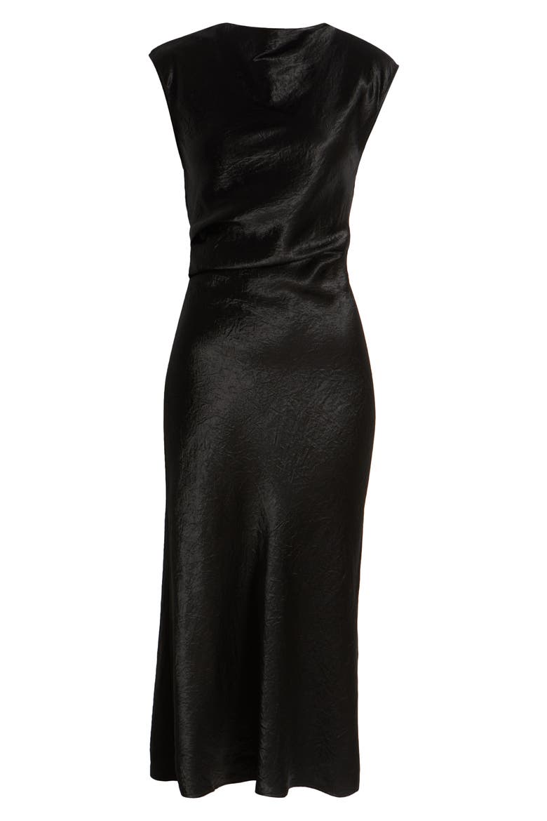 Cap Sleeve Satin Midi Dress, Alternate, color, BLACK DARK