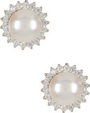 SPLENDID PEARLS Halo CZ & 8-8.5mm Cultured Freshwater Pearl Stud Earrings