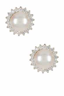 Halo CZ & 8-8.5mm Cultured Freshwater Pearl Stud Earrings