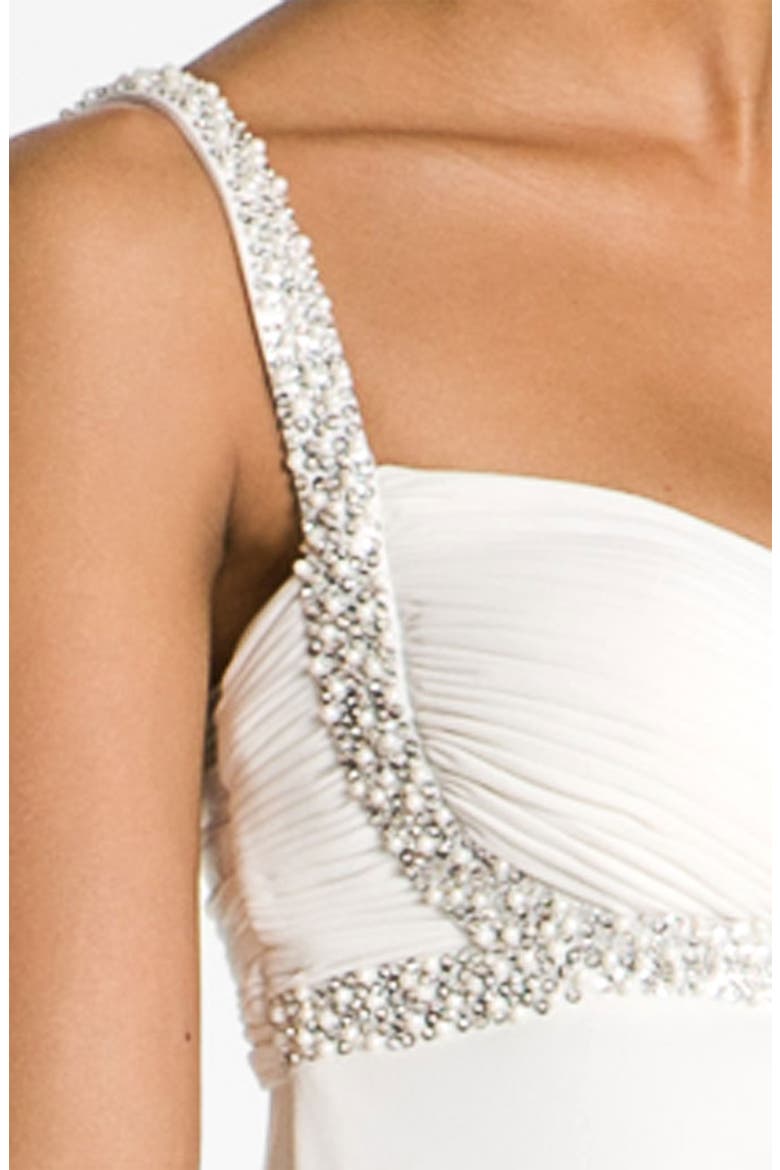 Pearl Trim Crisscross Matte Jersey Gown, Alternate, color, NEW IVORY