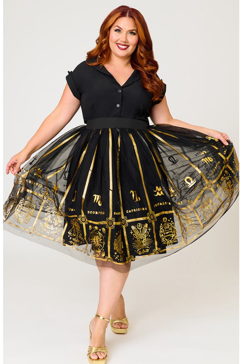 Plus Size Brilliance Swing Skirt, Main, color, Black Zodiac Sign Print