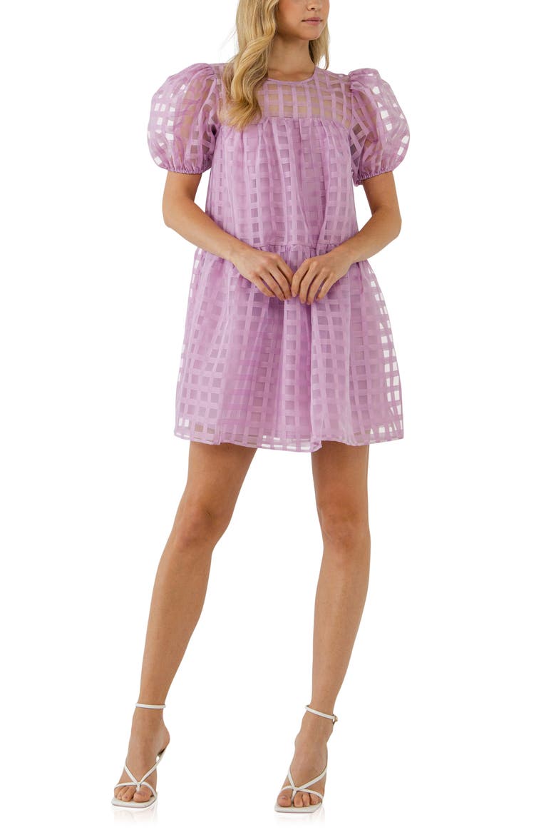 Gridded Puff Sleeve Dress, Main, color, LILAC