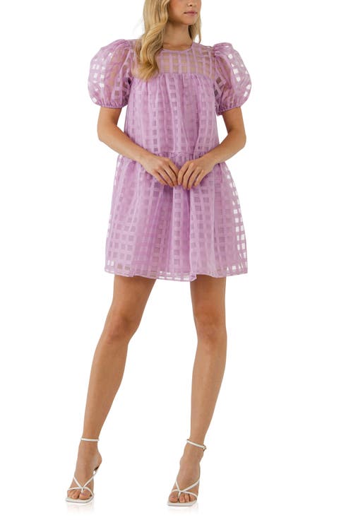 Gridded Puff Sleeve Dress