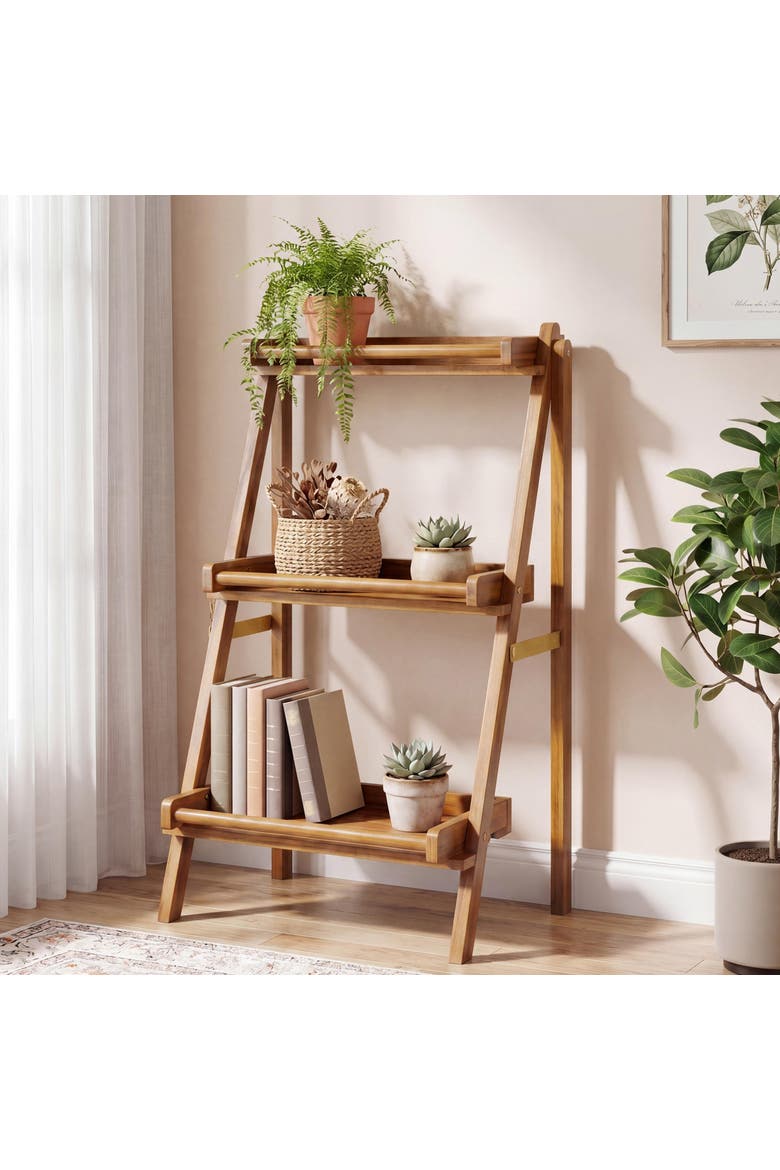 Hollis 3-Tier Acacia Wood Indoor/Outdoor Foldable Compact Freestanding Ladder Plant Stand Display Rack Shelf, Alternate, color, Natural