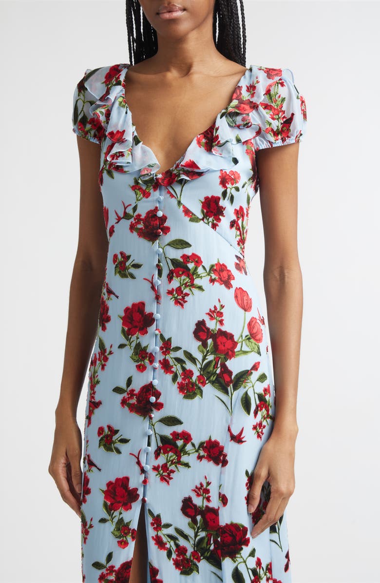 Alice + Olivia Tara Ruffle Tie Back Maxi Dress, Alternate, color, American Beauty Carolina Blue