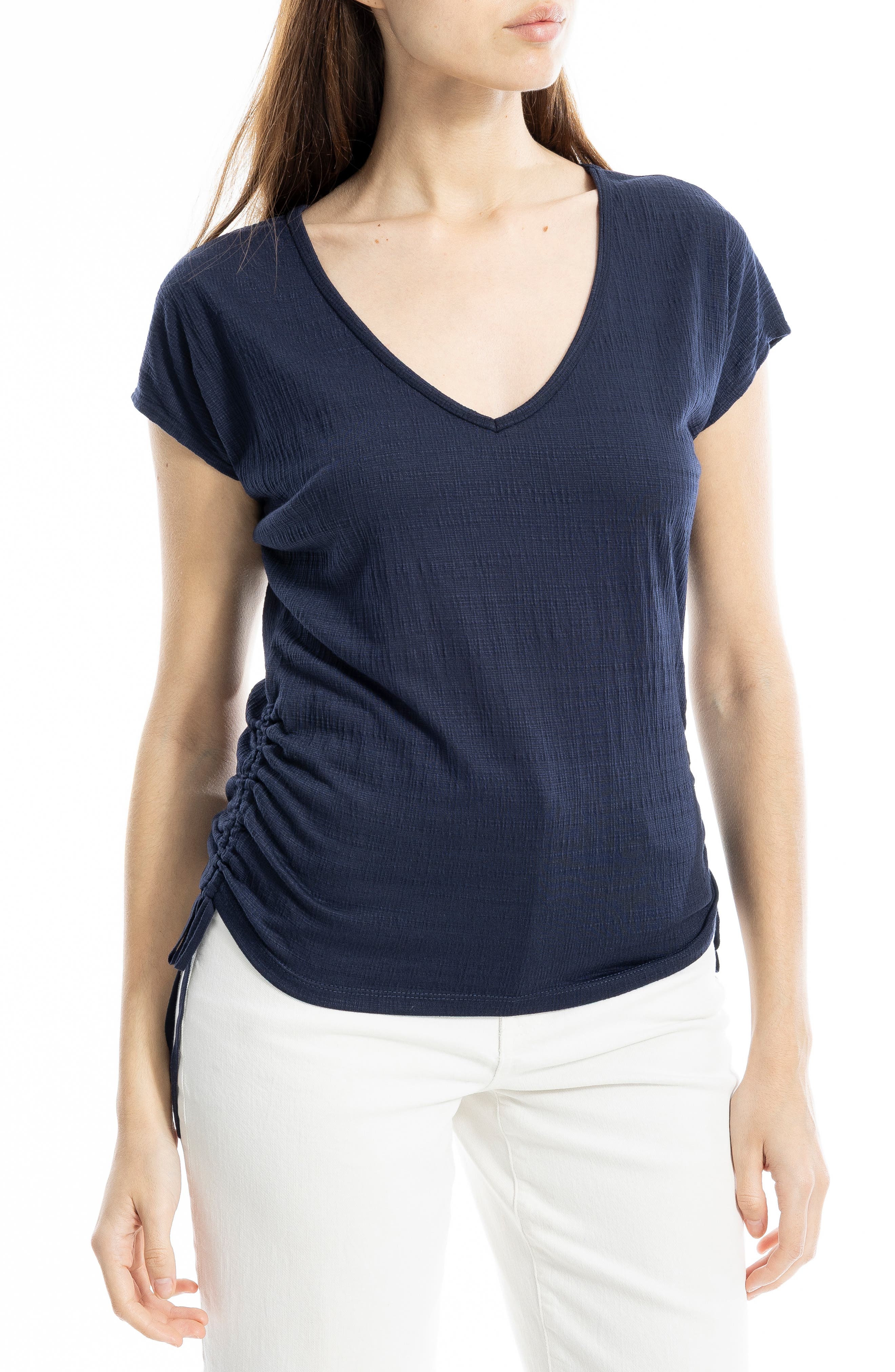 MAX STUDIO Cap Sleeve Ruched Crinkled Knit Top