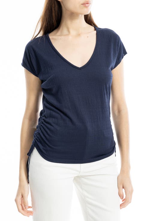 Cap Sleeve Ruched Crinkled Knit Top