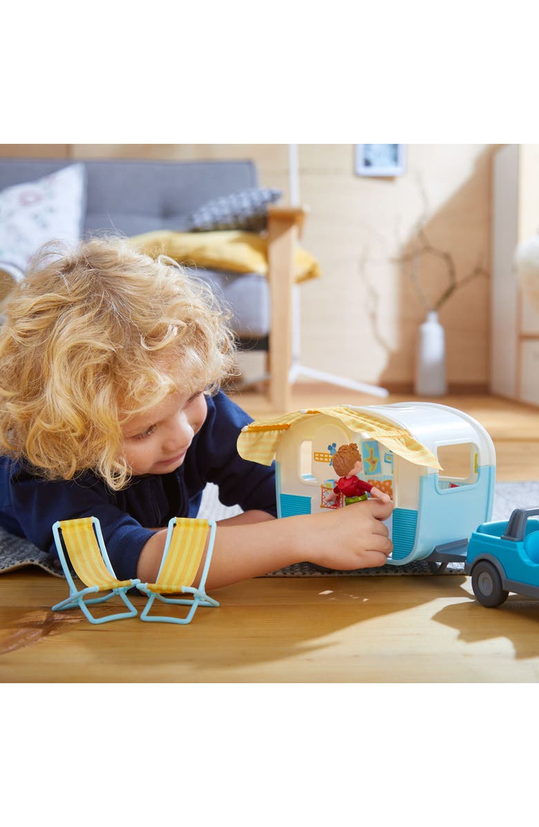 HABA Little Friends Vacation Camper Play Set with All Terrain Push & Go Vehicle, 2 Lawn Chairs and 4" Bendy Boy Doll Figure, Alternate, color, Multi