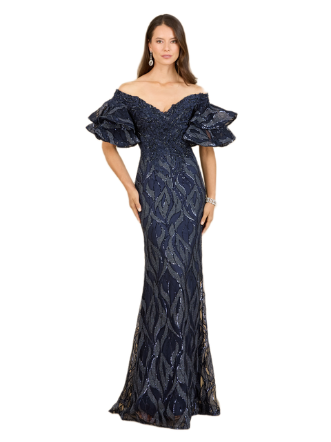 Off Shoulder Mermaid Beaded Gown with Tiered Sleeves