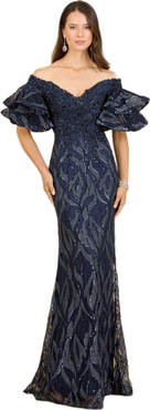 LARA New York Off Shoulder Mermaid Beaded Gown with Tiered Sleeves