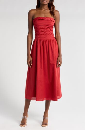Wayf Olivia Pleated Bodice Convertible Strapless Cotton Midi Dress In Red
