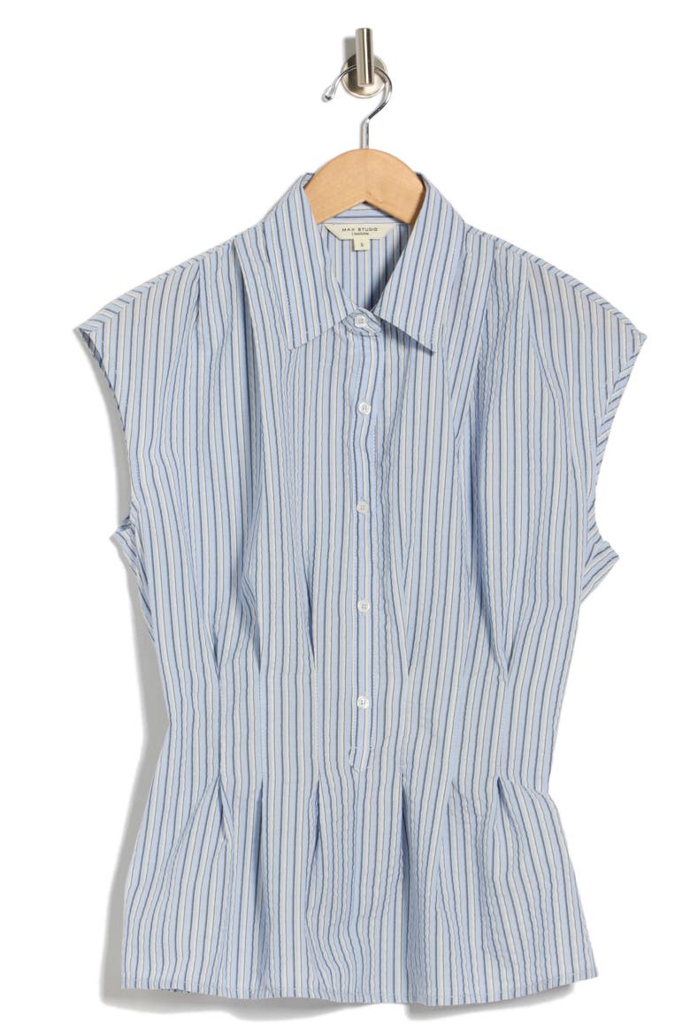 Pinstripe Pleated Sleeveless Shirt, Alternate, color, BLUE/ NAVY SHADOW STRIPE