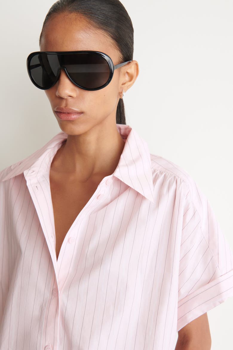 Striped Short-sleeved Cotton Shirt, Alternate, color, PINK / STRIPED