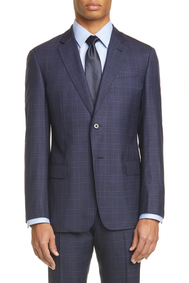 G Line Trim Fit Plaid Wool Blend Suit, Alternate, color, NAVY