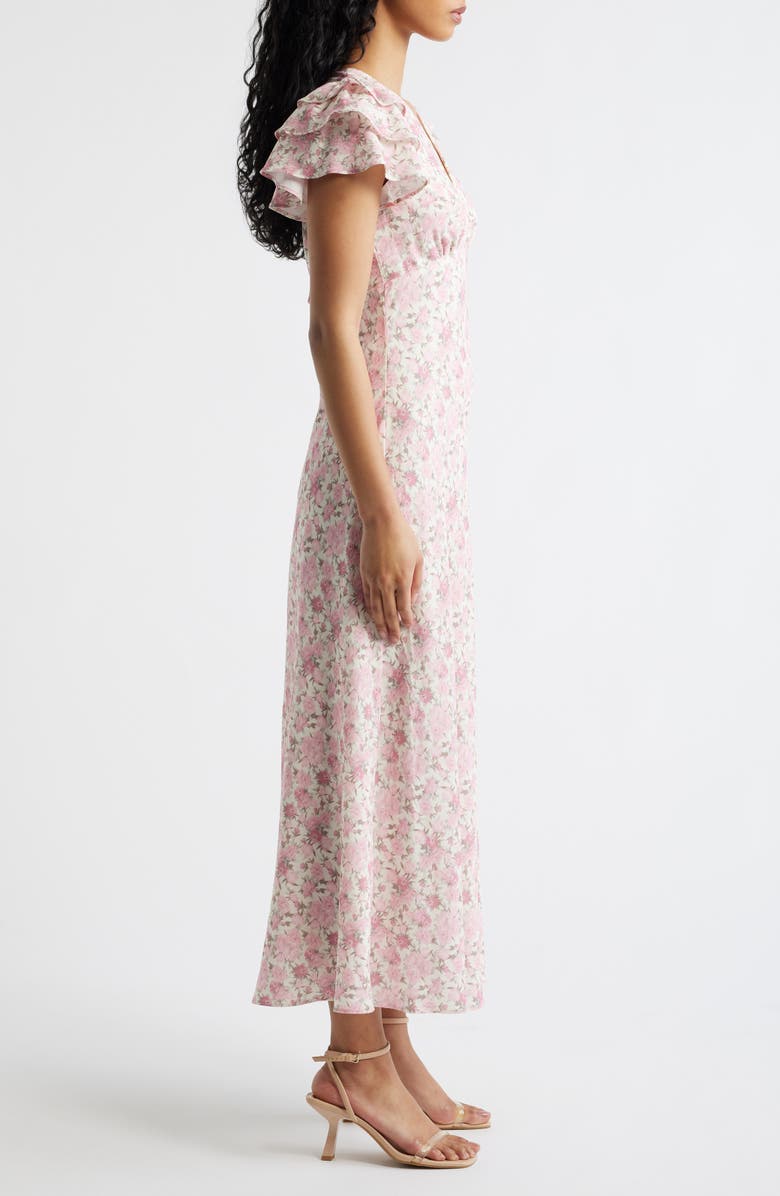 Lulus Vienna Floral Flutter Sleeve Maxi Dress, Alternate, color, Ivory Floral