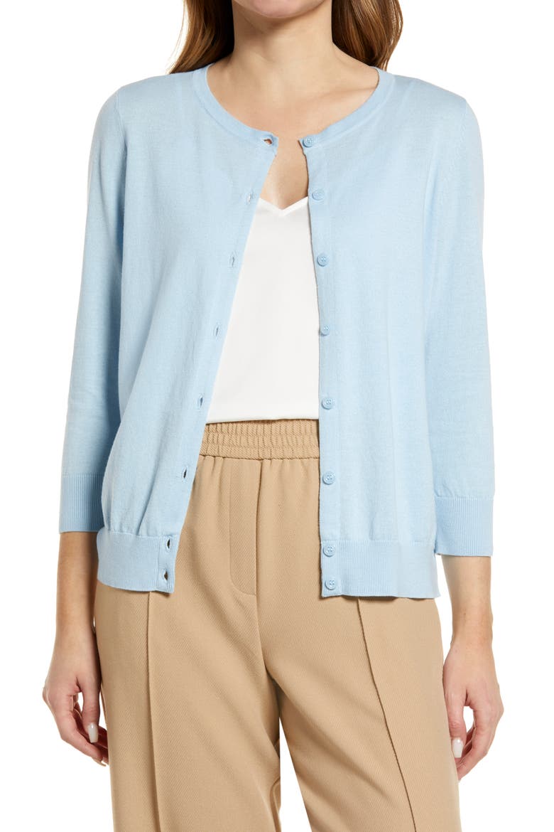 Crewneck Pima Cotton Blend Cardigan, Main, color, BLUE FALLS