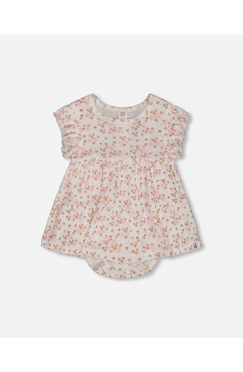 Deux par Deux Baby Girl's Organic Cotton Pointelle Romper Printed White And Pink Flowers, Main, color, White With Pink Flowers
