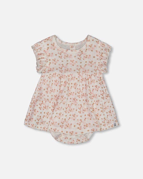 Baby Girl's Organic Cotton Pointelle Romper Printed White And Pink Flowers