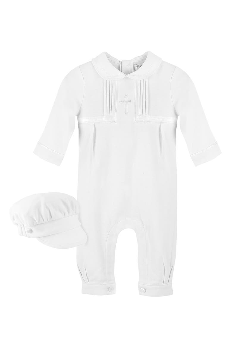Cross Embroidered Christening Romper & Newsboy Cap Set, Main, color, WHITE