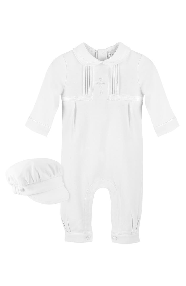 Carriage Boutique Cross Embroidered Christening Romper & Newsboy Cap Set, Main, color, White