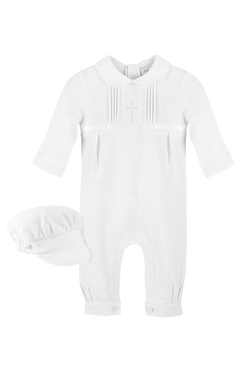 Cross Embroidered Christening Romper & Newsboy Cap Set (Baby)