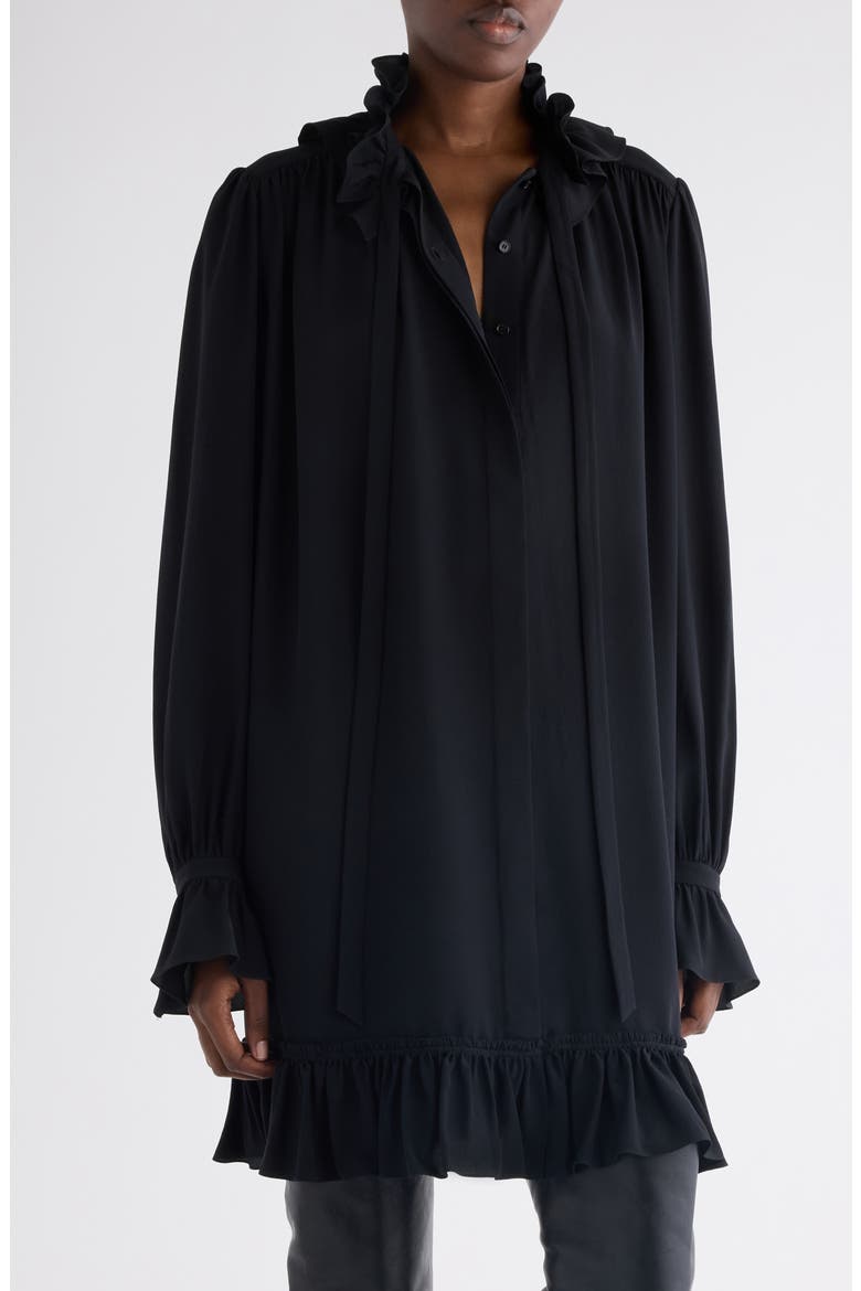 Long Sleeve Organic Silk Crêpe de Chine Minidress, Alternate, color, BLACK