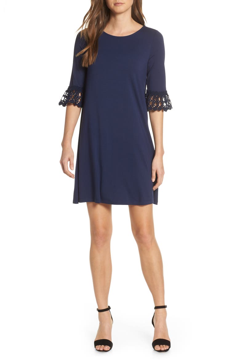 Ophelia Crochet Cuff Shift Dress, Main, color, TRUE NAVY