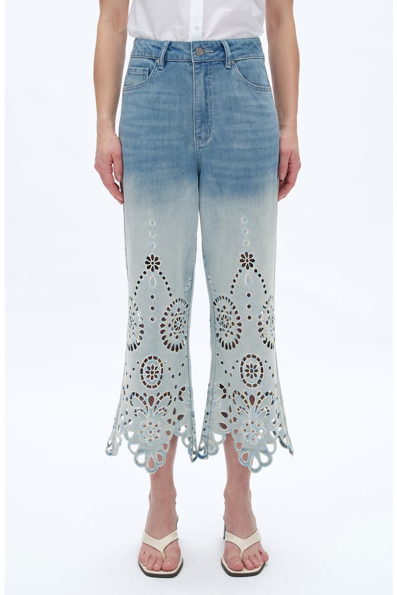 Eyelet High Waist Crop Wide Leg Jeans, Main, color, LIGHT BLUE