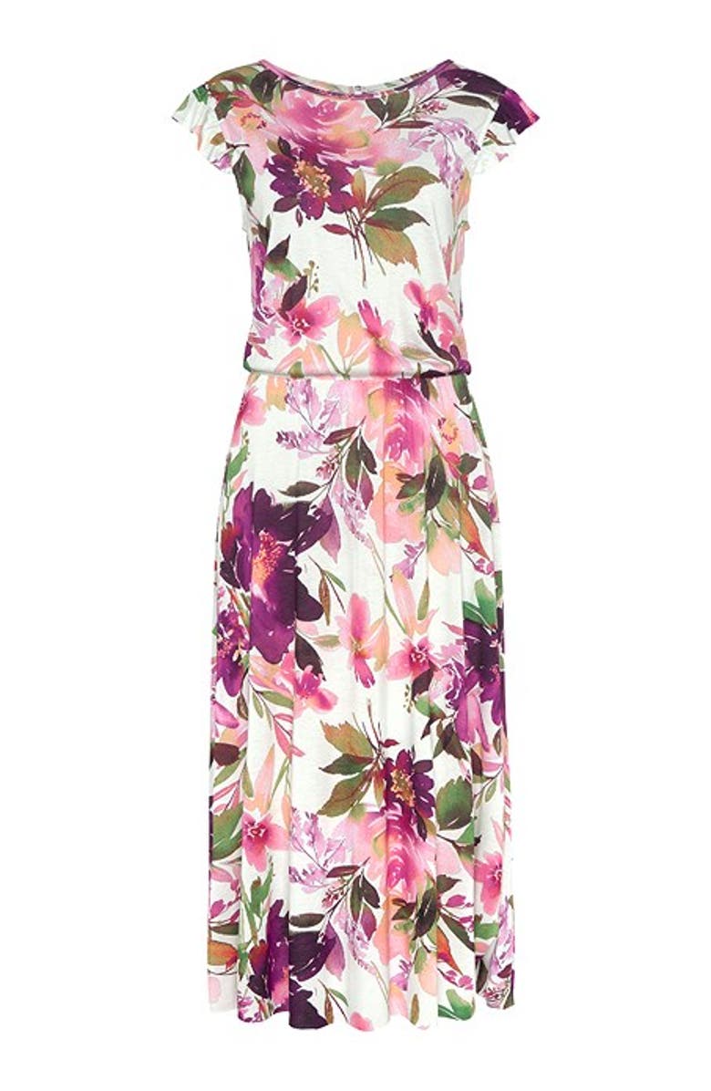 LASCANA Women's Flutter Sleeve Dress, Alternate, color, White Printed