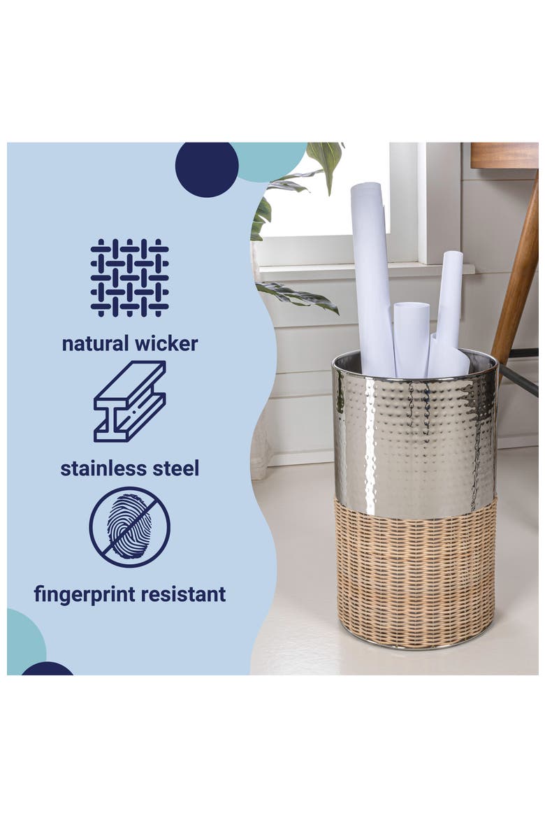 Asher Modern 2-Tone Faux Wicker/Metal Cylinder Waste Basket, Alternate, color, Chrome/Natural