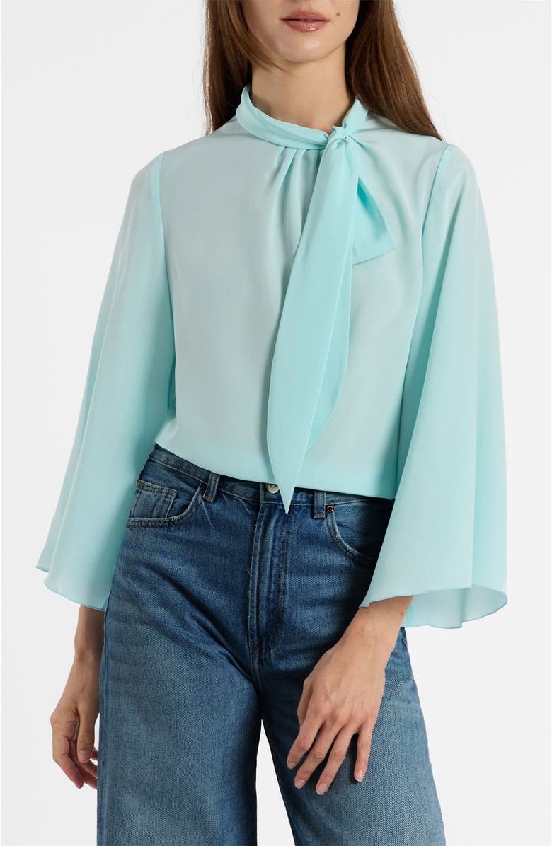 Santorelli Lena Tie Neck Blouse in Silk Crepe De Chine, Alternate, color, Sky Blue
