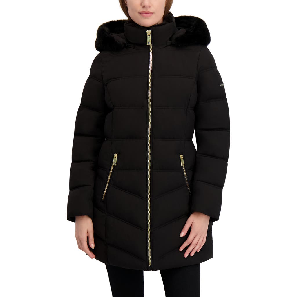 Laundry By Shelli Segal Soft Tech Puffer Jacket With Removable Faux Fur Trim Hood In Black