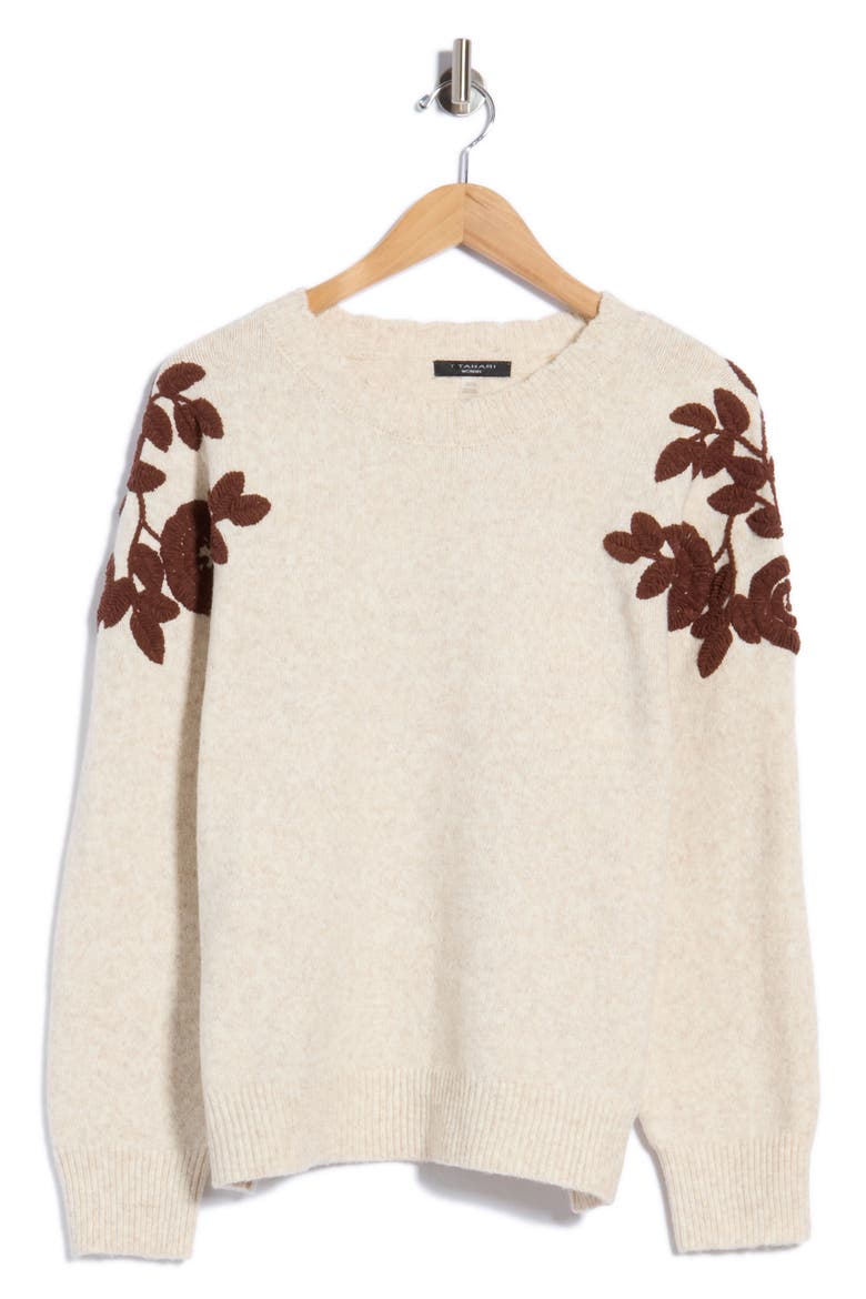Embroidered Sleeve Sweater, Main, color, OATMEAL/ BROWN