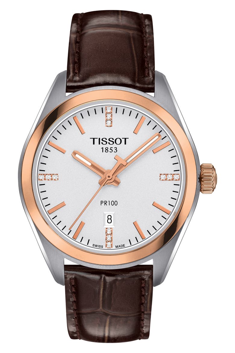 PR100 Diamond Leather Strap Watch, 33mm, Main, color, BROWN/ SILVER/ ROSE GOLD