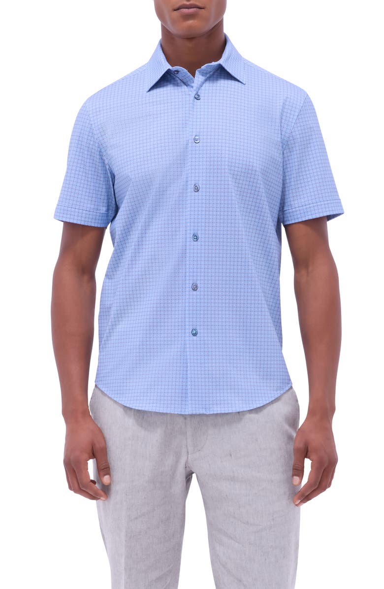 Bugatchi Miles OoohCotton<sup>®</sup> Geometric Print Short Sleeve Button-Up Shirt, Main, color, Air Blue