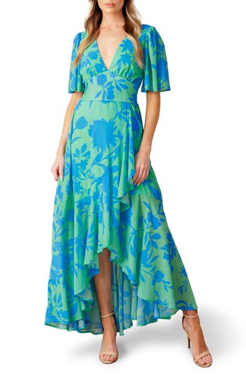 Flying Tomato Flutter Sleeve Wrap Style Midi Dress In Green Blue