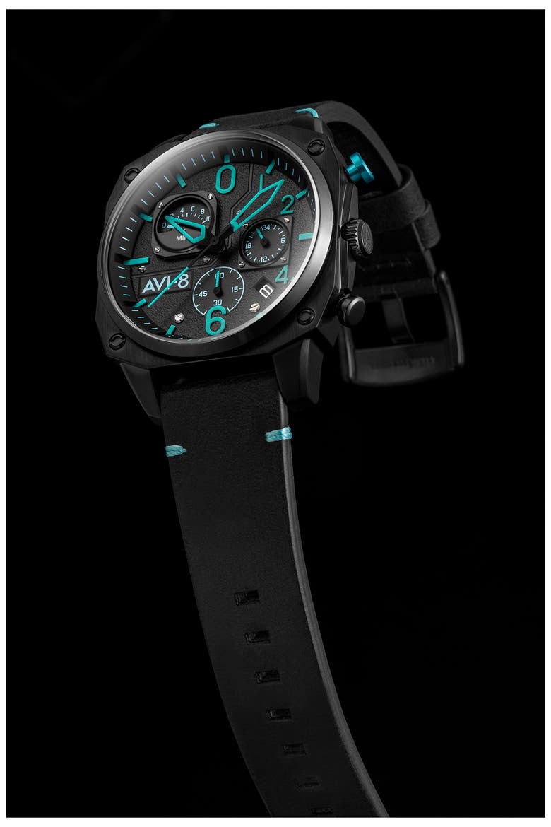 Hawker Hunter Retrograde Chronograph Leather Strap Watch, 45mm, Alternate, color, BLACK