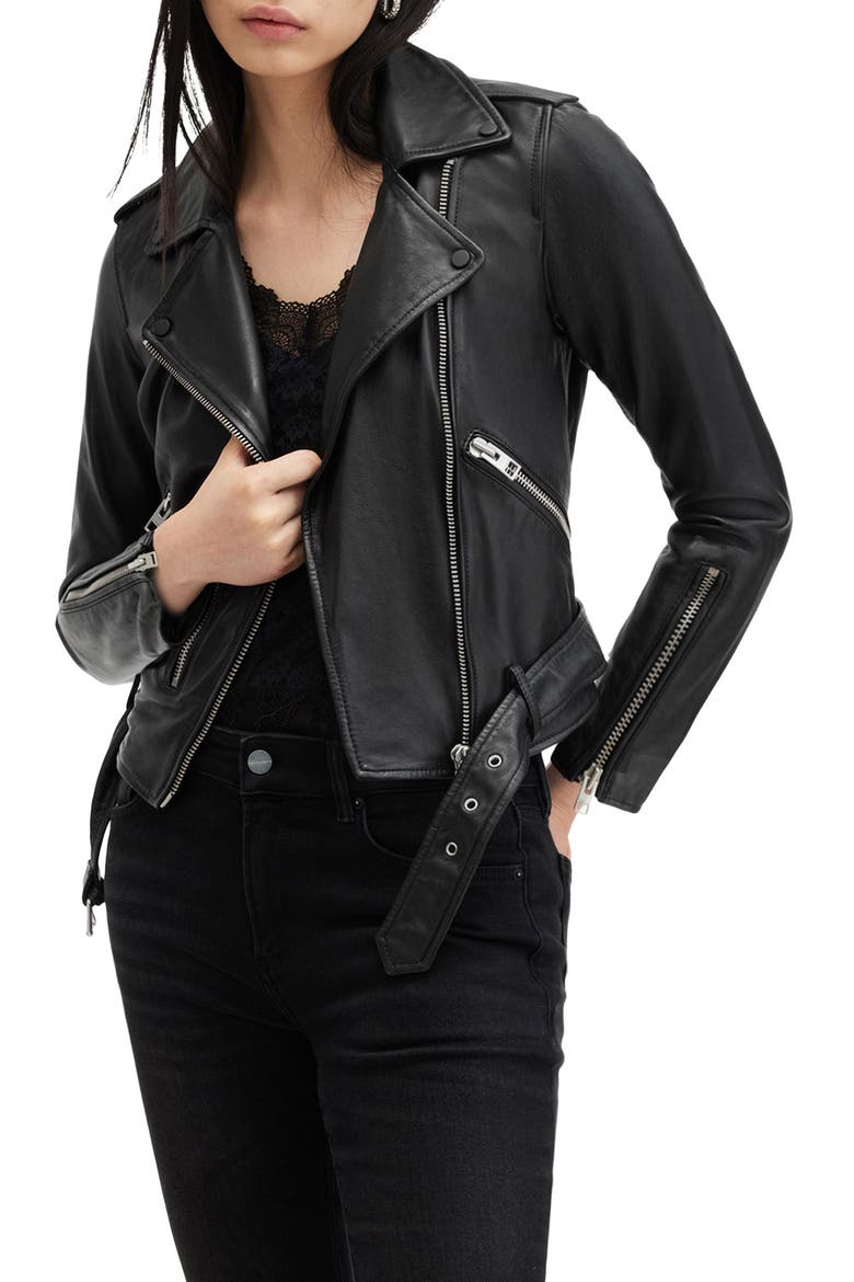 Balfern Leather Biker Jacket, Alternate, color, BLACK/ SILVER
