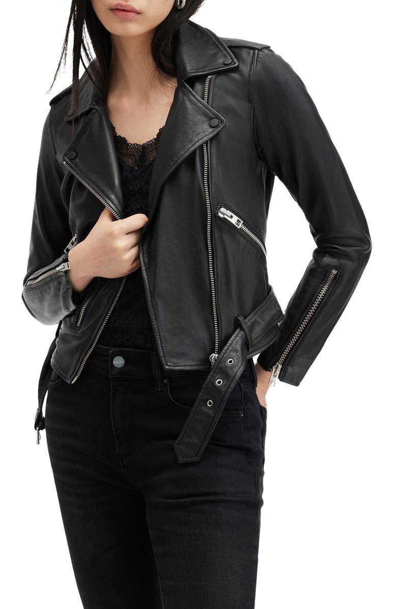 AllSaints Balfern Leather Biker Jacket, Alternate, color, Black/ Silver