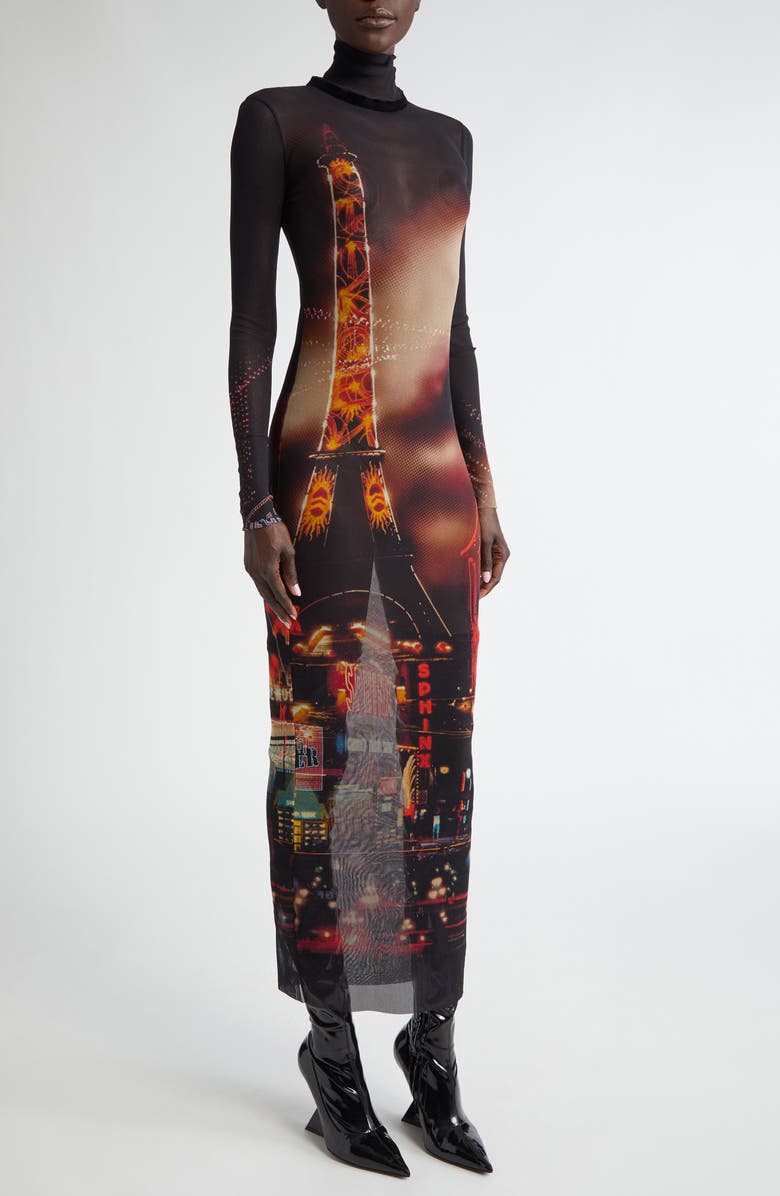Jean Paul Gaultier City Print Long Sleeve Sheer Mesh Turtleneck Dress, Alternate, color, 