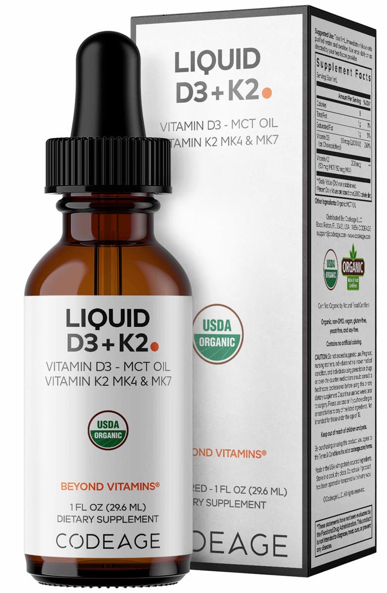 Codeage Liquid D3+K2, USDA Organic, D3 2000 IU, MK4 MK7 Drops, Organic MCT Oil, Main, color, White
