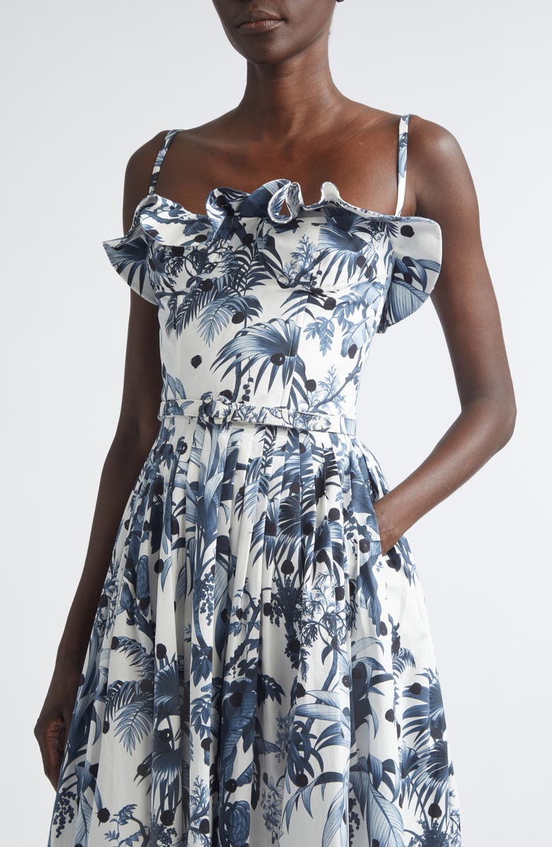 Oscar de la Renta Dotted Palm Leaves Poplin Sundress, Alternate, color, Navy/ White