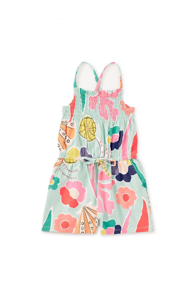 Tea Collection Smocked Strappy Romper, Main, color, Sea Floral