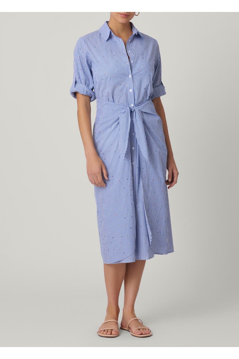 Embellished Pinstripe Tie Shirtdress, Main, color, French Blue/Optic
