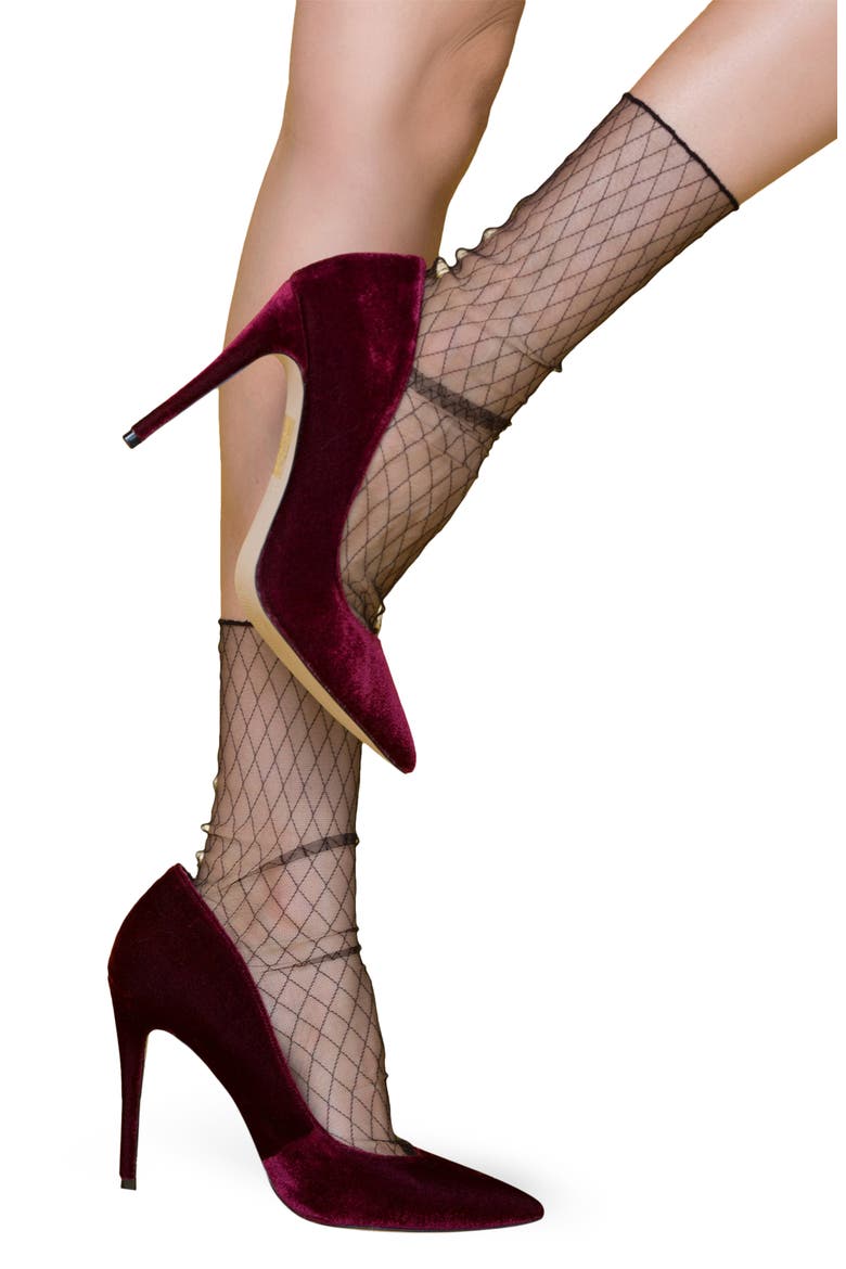 Crisscross Sheer Crew Socks, Alternate, color, BLACK