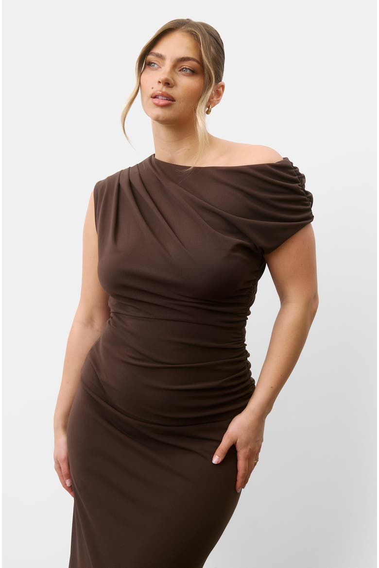 Asymmetric Neck Sculpt Bridesmaid Dress, Alternate, color, Chocolate