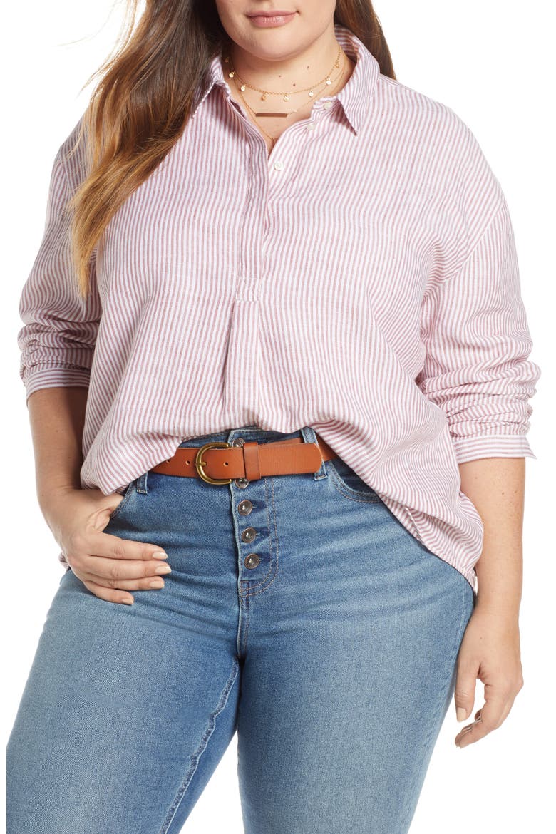 Stripe Button Front Linen Tunic, Main, color, PINK CANYON - WHITE STRIPE
