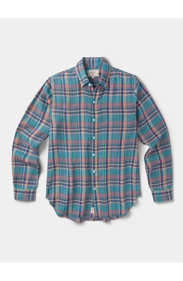 Aubin Croyland Madras Button-Down Linen Shirt, Alternate, color, Green Check