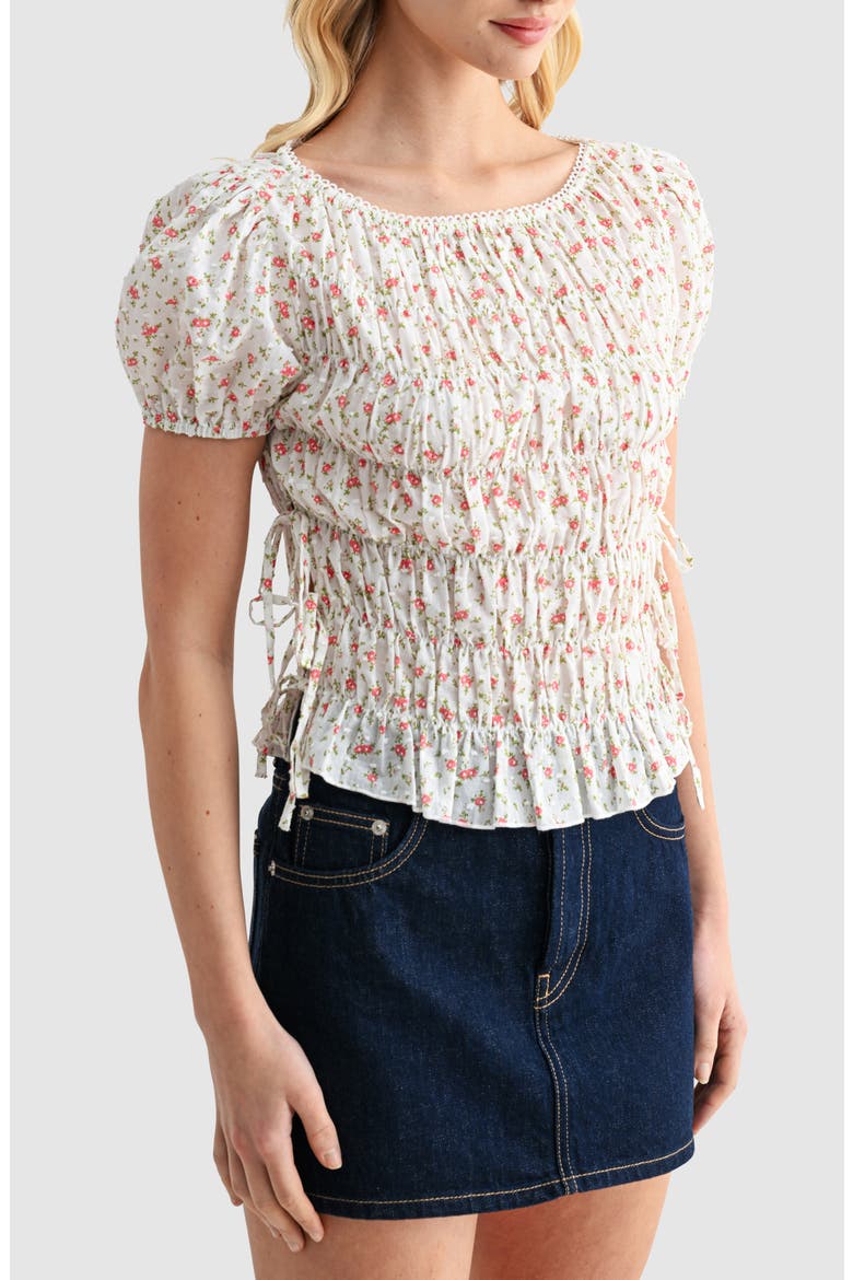 Smocked Puff Sleeve Top, Alternate, color, OFF WHITE RED