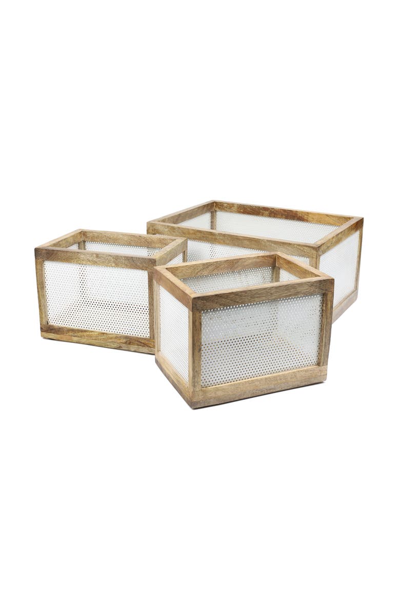 Fallon Modern Minimalist Handmade Wooden Metal Nesting Storage Baskets, Main, color, White/Natural